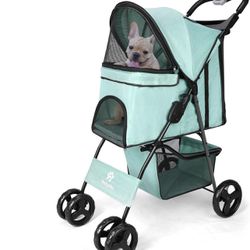 Pet Dog Stroller, Four Wheels Cat Dog Stroller with Storage Basket, Handle 360° Front Wheel Rear Wheel with Brake for Small Dogs Cats Travel Folding 