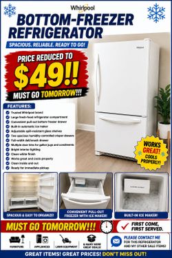 ❄️ WHIRLPOOL BOTTOM-FREEZER REFRIGERATOR – ONLY $99.99! ❄️
Upgrade your kitchen with this Whirlpool bottom-freezer refrigerator featuring a spacious!!