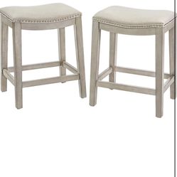 Set 2 Bar Stools Beige 24" Saddle Backless Premium Padded Indoor/Outdoor Nailhead Cushion Kitchen Counter Chairs Pub Seat Foot Rest