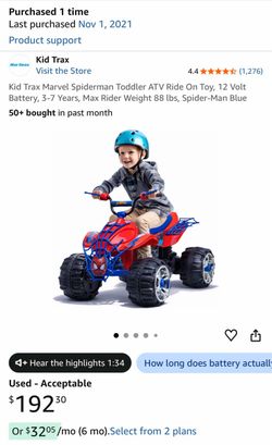 Kid Trax Marvel Spider-Man 12V ATV Ride-On Toy (Ages 3-7, Foot Pedal)