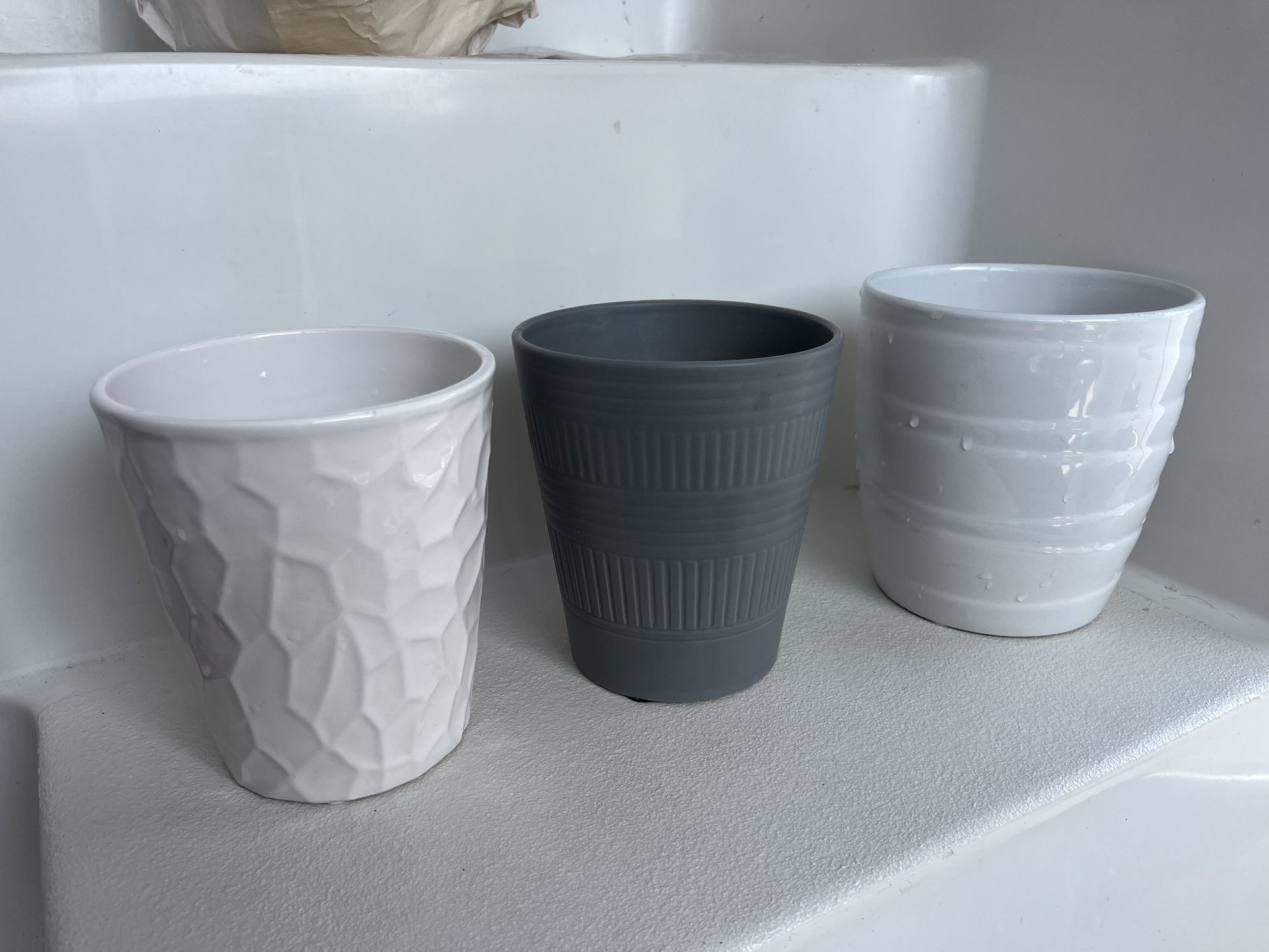 3 ceramic decorative orchid pots shiny white matte gray flower plant pot