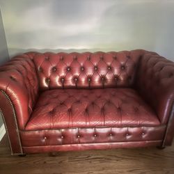 Red Distressed Leather Tufted Sofa