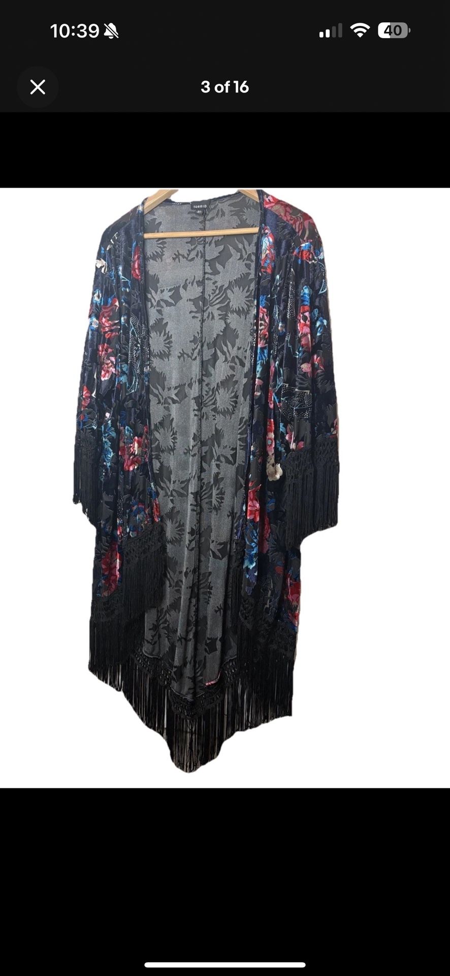 Torrid Velvet Burnout Kimono Topper Black Floral Fringe Whimsigoth Y2K