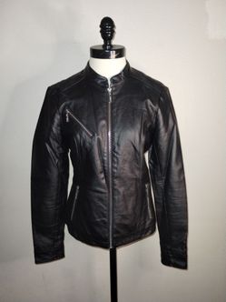 GUESS Los Angeles Women's Black Leather Biker Jacket Zip Pockets Size Small EUC