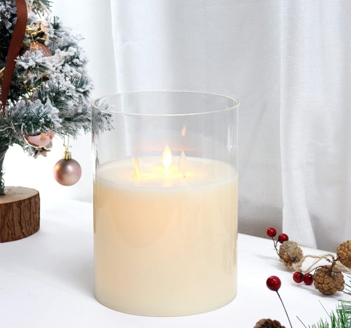 JHY DESIGN 3-Wick Glass Flameless Candles 8''High Battery Operated Dancing Flame Flickering LED Pillar Candles with 6-Hour Timer Feature Real Wax Movi