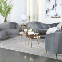  3-piece Upholstered Living Room Set with Camel Back Grey and Gold