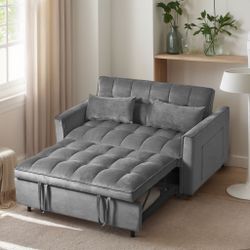 3 in 1 Convertible Sleeper Sofa Bed, Modern Pull Out Couch Bed, Adjustable Backrest, Velvet Loveseat Futon Sofa with Pillows & Pockets for Living Room