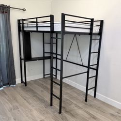Like New Black Twin Size Metal Loft Bed with Built-in Desk and 2-Shelves, 2-Ladders