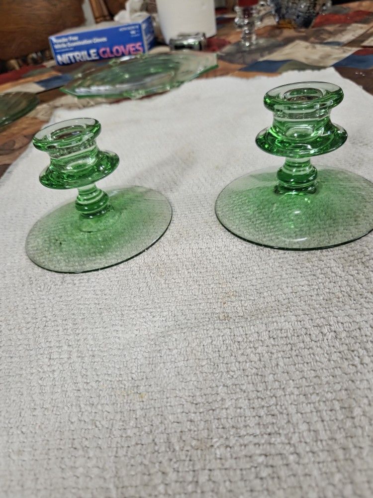 Green Depression Glass Candle Holders