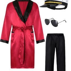 Hugh Hefner Playboy Men's Red Silk Robe Jacket And Black Pants Halloween Costume With Captain Hat And Pipe.