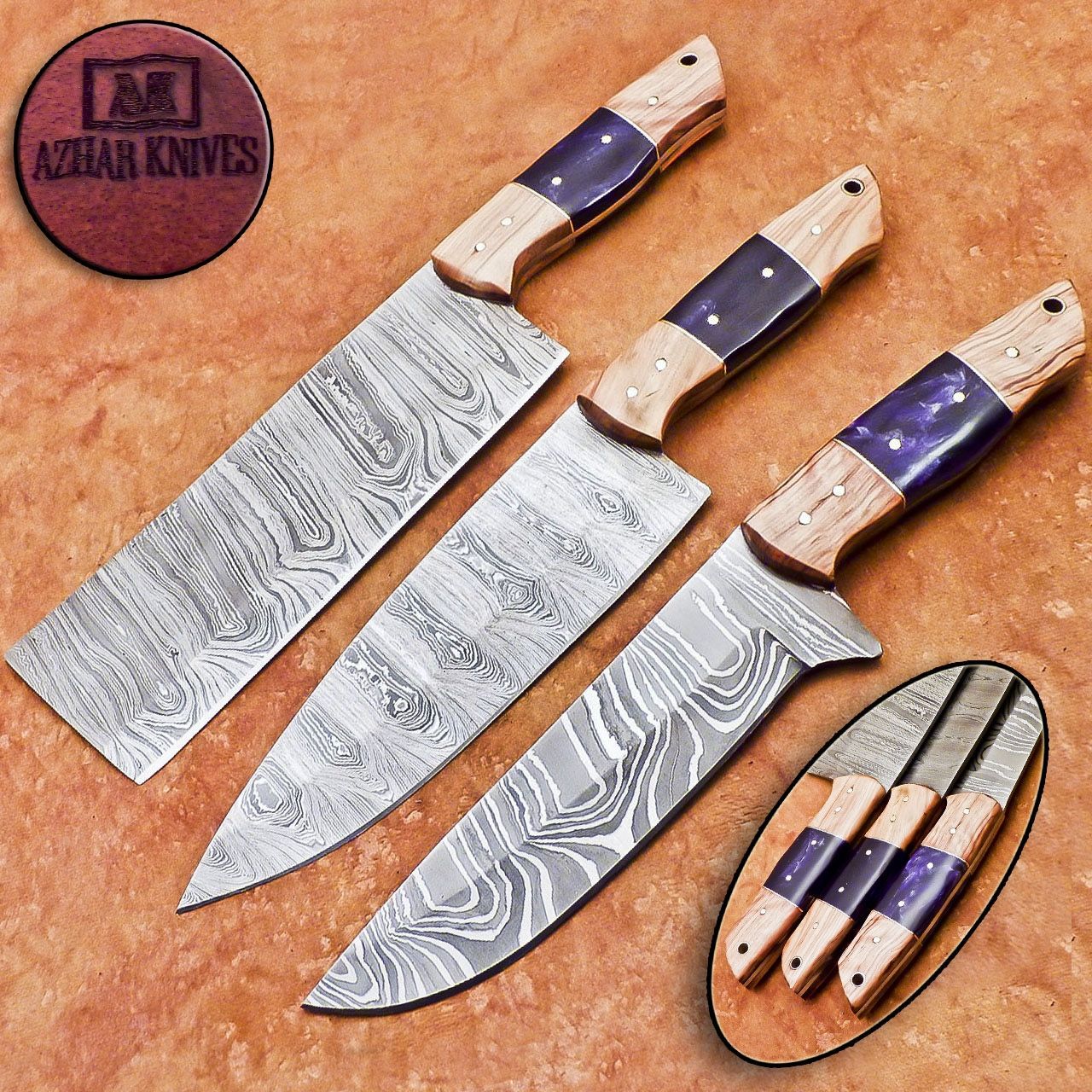 3 Pcs Handmade Damascus Steel Chef Knife Set
