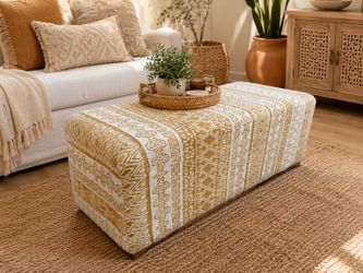 Vintage Boho Upholstered Bench Stool Ottoman! Clean, good condition! Some damage on wood under but doesn’t affect functionality or sturdiness. 48x17x1