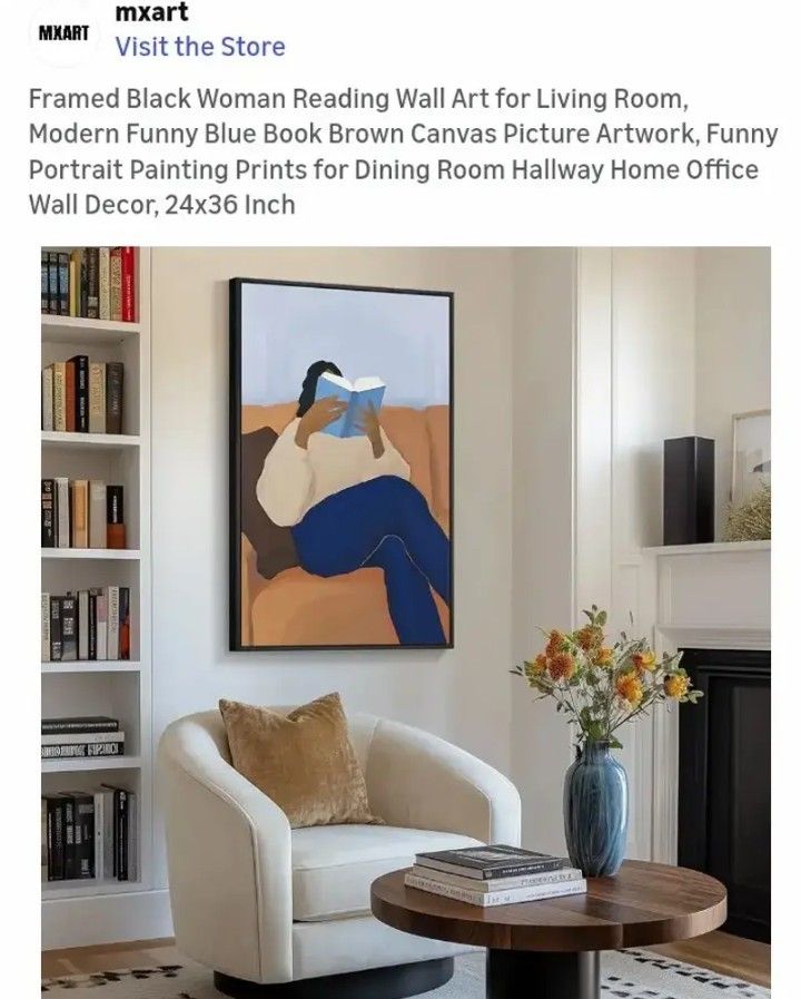 Framed Black Woman Reading Wall Art for Living Room, Modern Funny Blue Book Brown Canvas Picture Artwork, Portrait Painting Prints for Dining Room Hal
