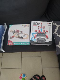 Toddler Toys. Wooden Train And Rocket Launcher