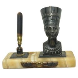 Vintage Bronze On Marble Pen Holder Nefertiti, Egyptian Themed 