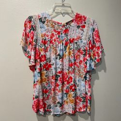 Women’s CURE 100% Rayon Flutter Sleeve Multicolor Floral Pullover Top Blouse… Size Small