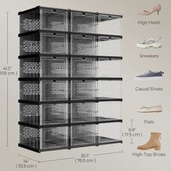 Foldable Shoe Boxes, Pack of 18 Stackable Shoe Storage Organizer, Set of 3 Integraed Shoe Cabinets, Portable, Fit up to US size 13, 60s Assembly, Tran