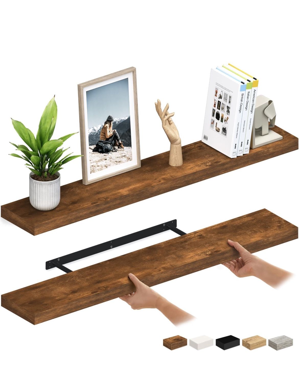 Ballucci 60 Inch Rustic Brown Floating Shelves for Wall, 60" Wood Wall Shelf Set of 2, with Invisible Brackets
