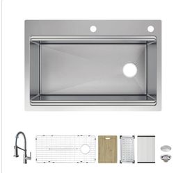 Glacier Bay Dolancourt Tight Radius 33 in. Drop-In Single Bowl 18G Stainless Steel Workstation Kitchen Sink with Spring Neck Faucet