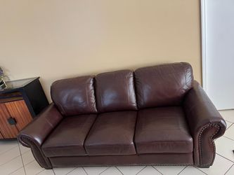 Burgundy Leather 3-Seat Sofa with Nailhead  Trim
