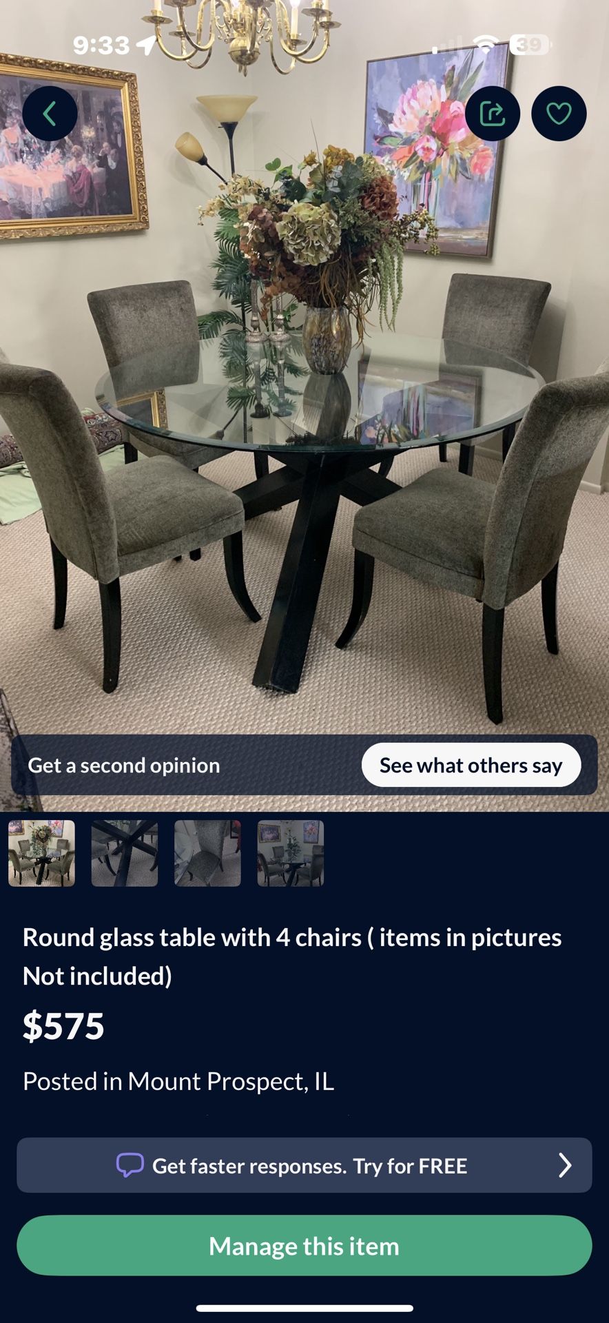 Round glass table with 4 cha...