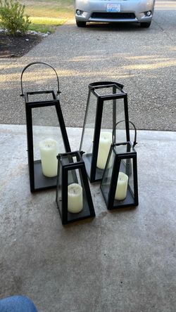 Set of 4 Black Metal Glass Candle Lanterns