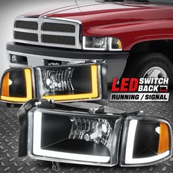 [Switchback Dual L-LED DRL] For 94-02 Dodge Ram 1(contact info removed) Headlights Black/Amber