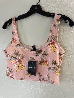 NEW Forever 21 pink tropical print crop top and shorts set with palm trees and flowers size large