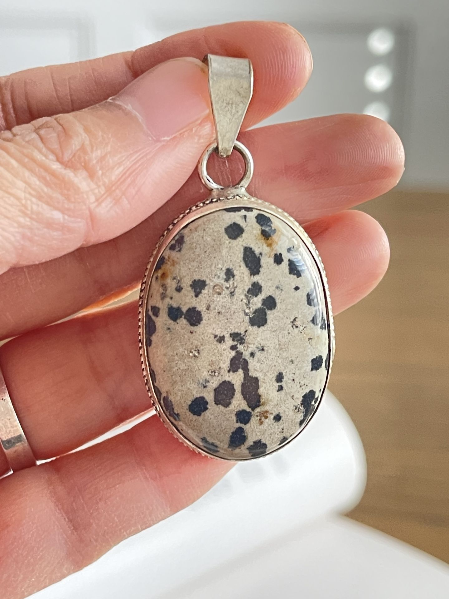 .925 Sterling Silver Dalmatian Jasper Pendant Statement Oval Bezel