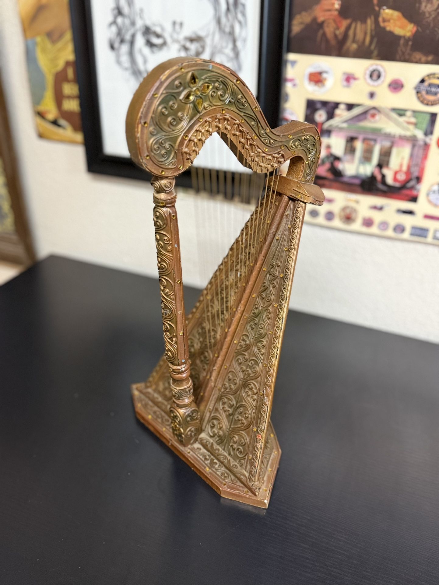 Rare Antique Table Harp Carve Wood on Stepped Hexagonal Base Gold