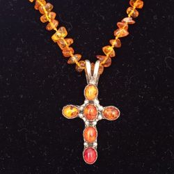 HERBERT TSOSIE NAVAJO STERLING SILVER.AMBER CROSS PENDANT NECKLACE