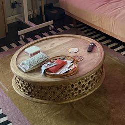 West Elm Carved Wood Round Coffee Table 