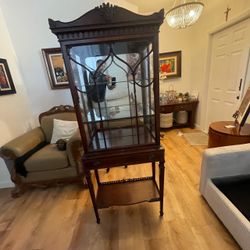 Antique Dark Wood Glass Display Cabinet