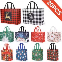 YANGTE 20 Pack Christmas Gift Bags Assorted Sizes, Reusable Tote Bags with Handle, Includes 4 Large 8 Medium 8 Small Non-Woven Christmas Bags for Xmas