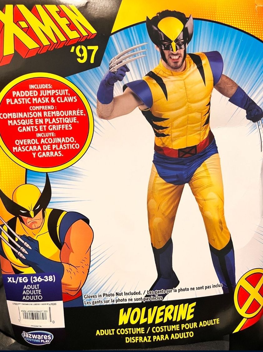 (NEW) DISNEY Marvel Wolverine Adult XL (36-38) Costume - Padded Jumpsuit, Detachable Claws, Plastic Mask, Halloween Outfit -
