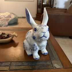 Blue & White Porcelain Bunny Figurine – Floral Motif