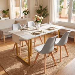 Homy Casa SLIP+FRANKFURT 5PC Dining Set 55" White Marble Table with 4 Frankfurt White Chairs Gold Legs Open Box