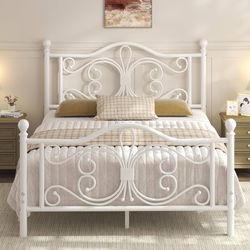 Full Size Bed Frame with Butterfly Pattern Design Headboard, White Modern Metal Platform Bed, Footboard, Heavy Duty Metal Slats, Easy Assembly, No Box