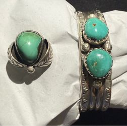 Vintage Navajo Sterling Silver Turquoise Cuff Bracelet & Ring: 38g /7g