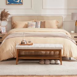 Entryway Bench with Shoe Storage, Upholstered Button-Tufted Bench with Solid Wood Shelf,Ottoman Bench for Living Room,Ki