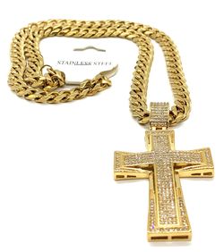 Necklace Stainless Steel 18K Gold Plated Big Size Cross With Cubic Zirconia, Width 9MM Size Length 24”