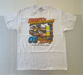 NWT  Fast & Furious Racing  T Shirt  Short Sleeve  Printed  White Orange Blue Men  Size Large