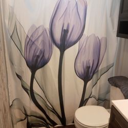 PURPLE shower curtains and a purple rug and 2 light and dark purple hand towels 