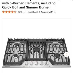 Frigidaire 36 in. Gas Cooktop in Stainless Steel with 5-Burner Elements, including Quick Boil and Simmer Burner  New