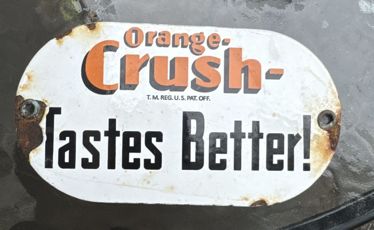Vintage Orange Crush Tastes Better Metal Enamel Gas Station Deco 6.5" Sign Used