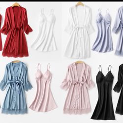 Silky Satin 2-Piece Sleepwear Set – Robe & Nightgown, M/L/XL/XXL, Clearance $15