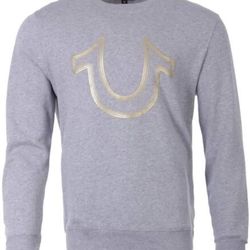 True Religion Men’s Gray Crewneck Sweater Gold Horseshoe Logo Print Medium M 