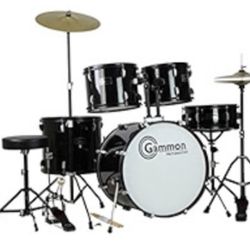 Gammon Percussion  5 Piece Drum Set with Cymbals Stands Stool and Sticks, Black
