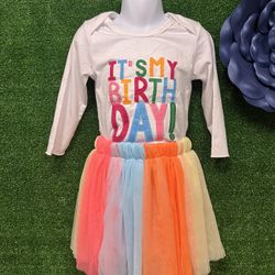 Its My Birthday Long Sleeve White Shirt With Tulle Skirt Size 110 (4 Toddler)