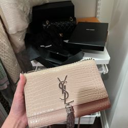YSL Pink Small Kate With Tassel Crocodile Embossed 